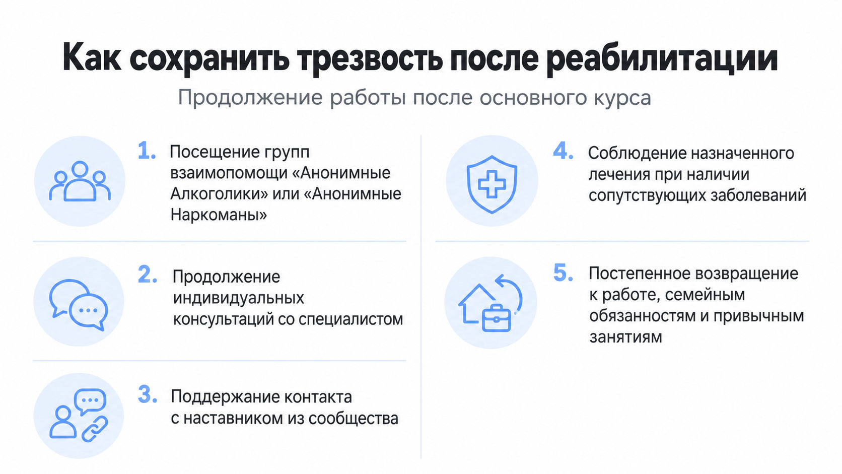 Как сохранить трезвость после реабилитации Как сохранить трезвость после реабилитации: группы взаимопомощи, консультации, поддержка наставника, соблюдение лечения